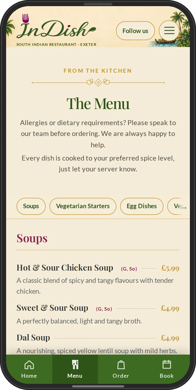 The InDish menu page on a phone